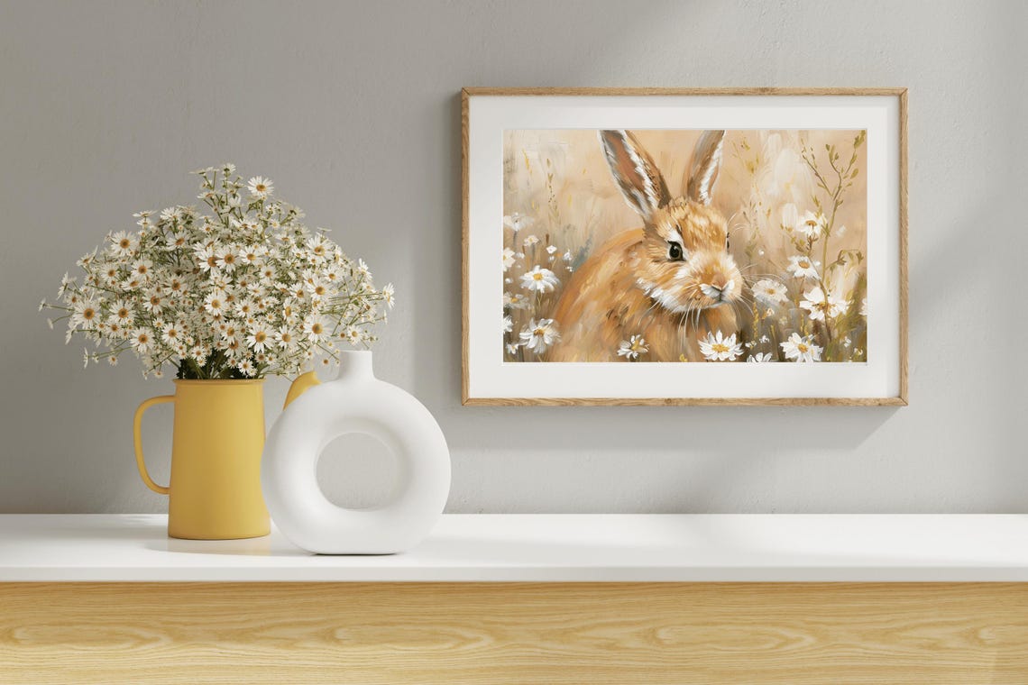 Brown Bunny In Daisy Field Soft Vintage Wildflower Rabbit Art Poster - Image 4