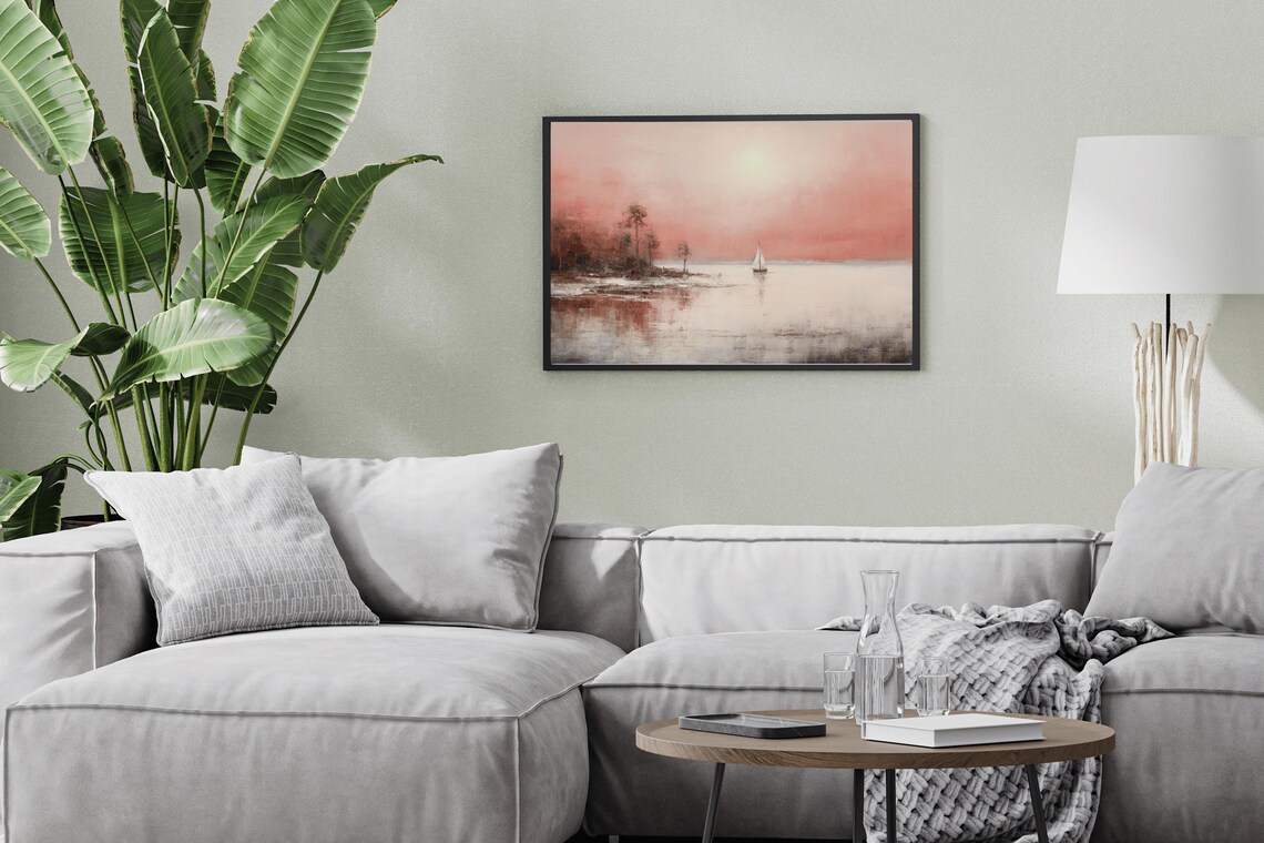 Sailboat Pink Sunset Calm Sea Vintage Oil Painting Coastal Poster - Image 3
