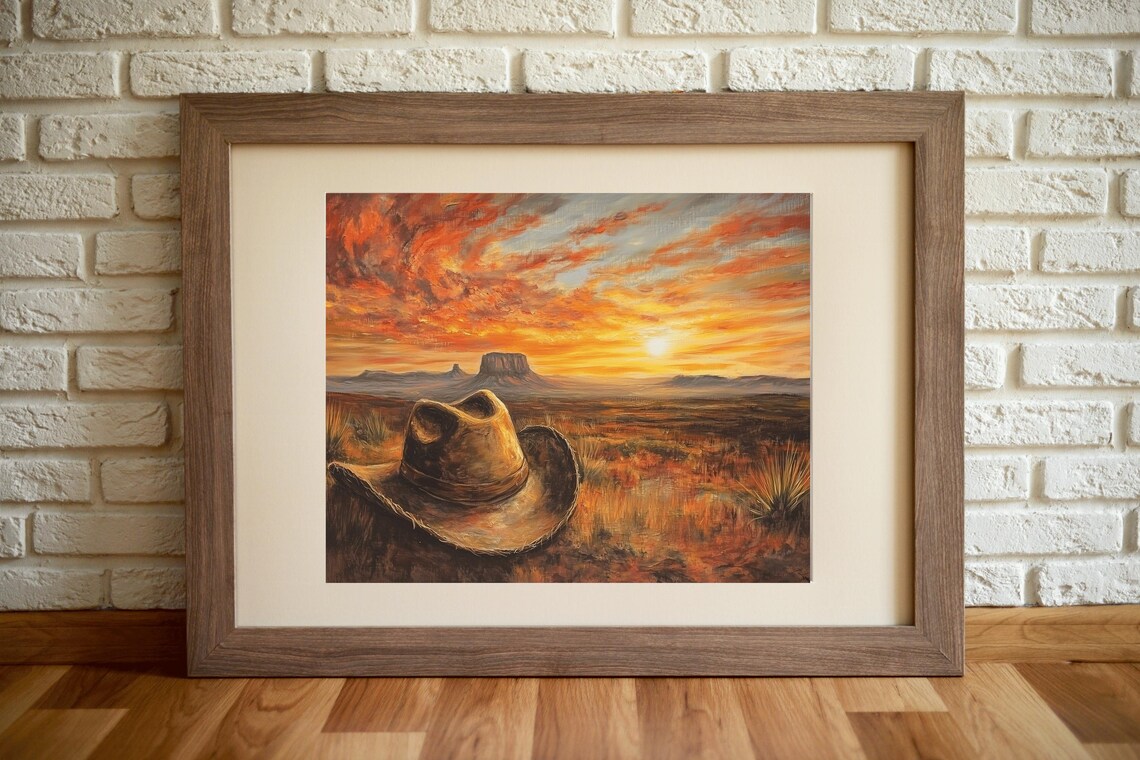 Cowboy Hat Desert Sunset Fiery Sky Western Mesa Landscape Painting - Image 4