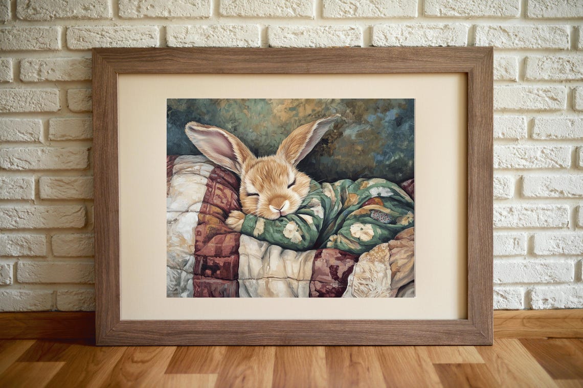 Sleeping Bunny In Green Pajamas On Cozy Quilt Vintage Wall Art Poster - Image 2