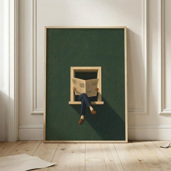 Newspaper Reader Poster Surreal Window Wall Art Mid Century Minimalist Print Dark Green Study Decor Quiet Reading Illustration