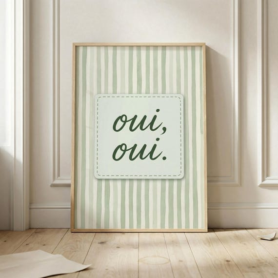 Oui French Poster Green Watercolor Wall Art Print Paris Inspired Minimalist Decor Quote