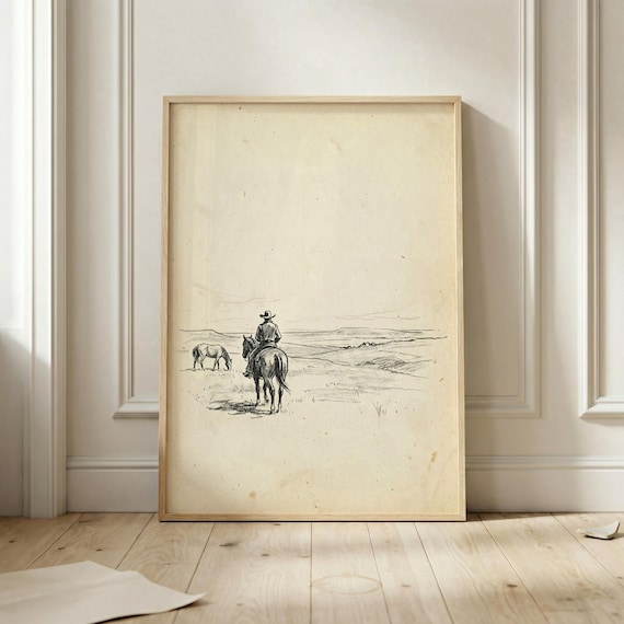 Cowboy on Horseback Surveying the Western Plain Pencil Sketch Poster