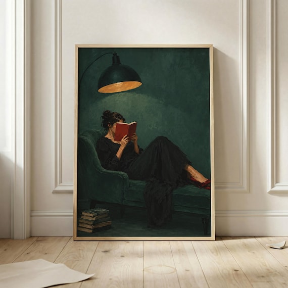 Reading Woman Wall Art Print Book Lover Poster Cozy Nook Decor Literary Artwork Dark Academia Vintage Reader Painting