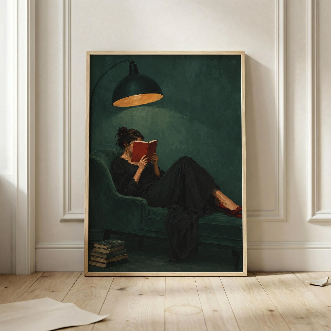 Woman Reading Book On Green Chaise Moody Oil Painting Book Lover Art Poster