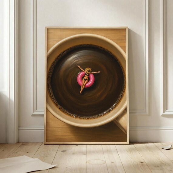 Surreal Woman Floating in Giant Coffee Cup Pink Float Painting Poster