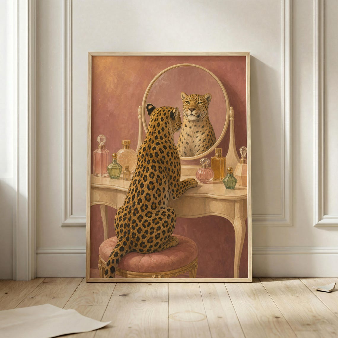 Leopard Vanity Wall Art Glamorous Animal Poster Perfume Dressing Table Print Pink Maximalist Powder Room Decor Whimsical Cat Artwork