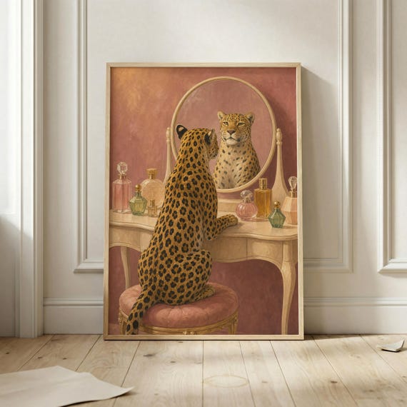Leopard Vanity Wall Art Glamorous Animal Poster Perfume Dressing Table Print Pink Maximalist Powder Room Decor Whimsical Cat Artwork