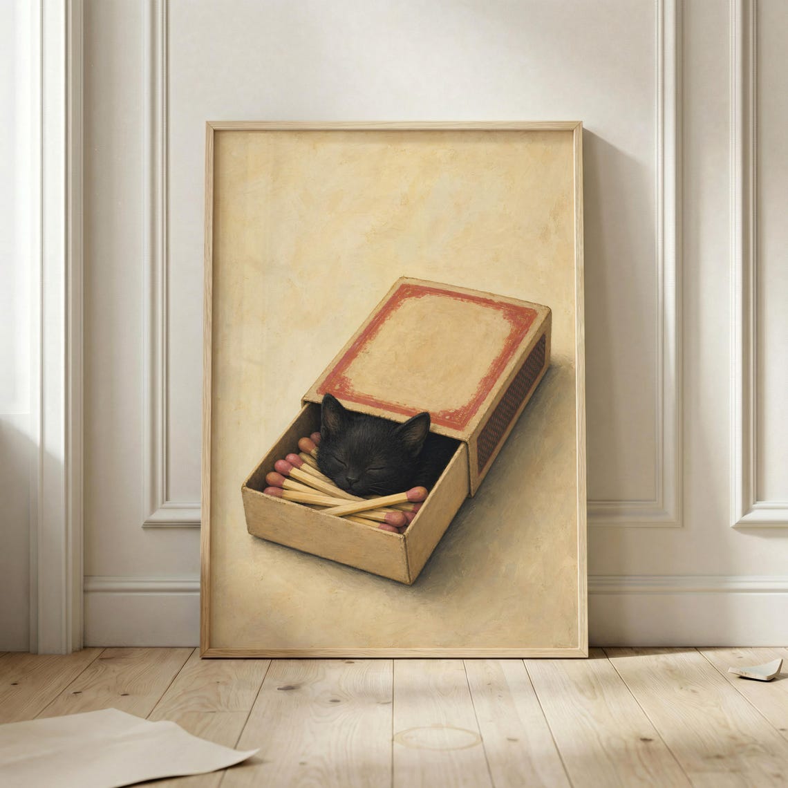 Sleeping Black Kitten In A Vintage Matchbox Cute Cat Wall Art