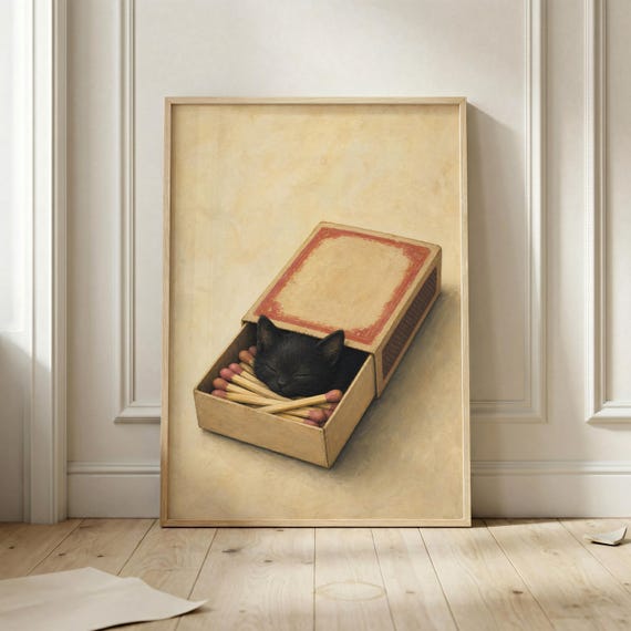 Black Kitten In Matchbox Poster Whimsical Cat Wall Art Vintage Animal Print Cozy Nursery Decor Cute Lover Gift Retro Match