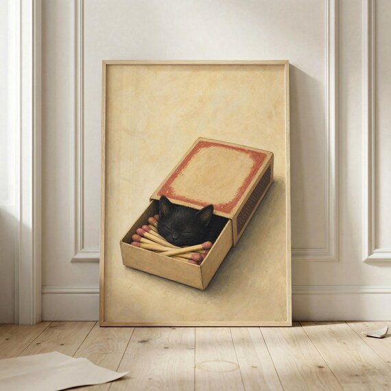 Sleeping Black Kitten In A Vintage Matchbox Cute Cat Wall Art