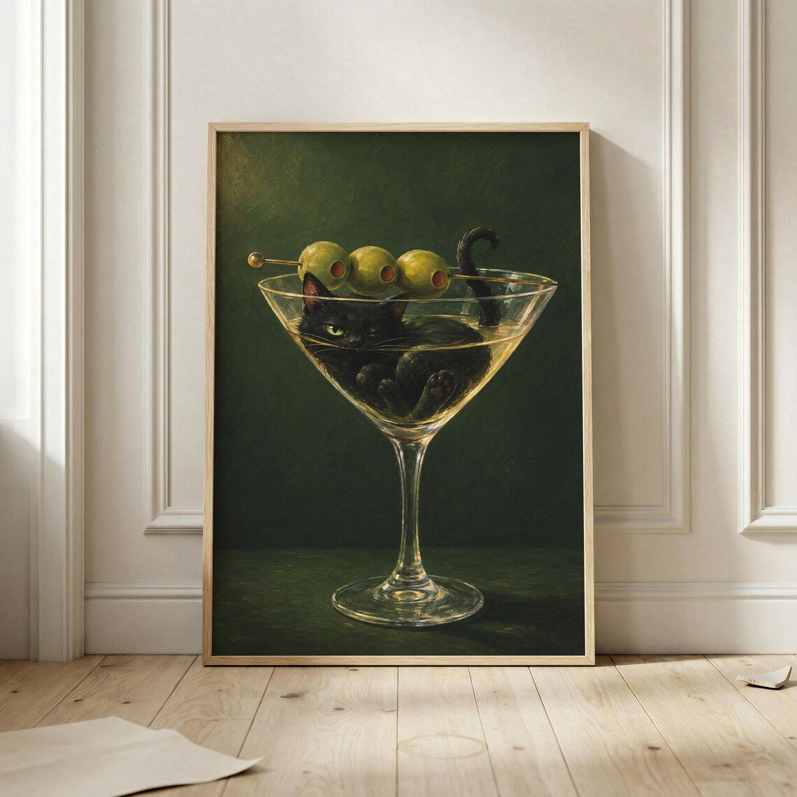Black Cat Martini Glass Olives Funny Cocktail Moody Vintage Poster