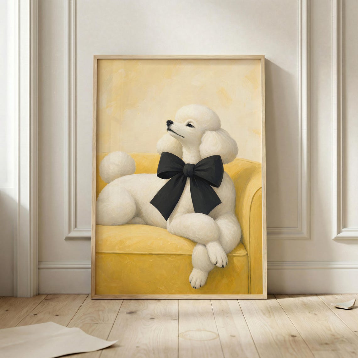 White Poodle With Black Bow Lounging On Yellow Sofa Art Poster