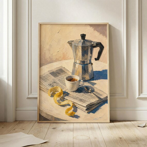 Coffee Lover Moka Pot Wall Art Print Espresso Still Life Poster Vintage Kitchen Artwork Italian Decor Morning