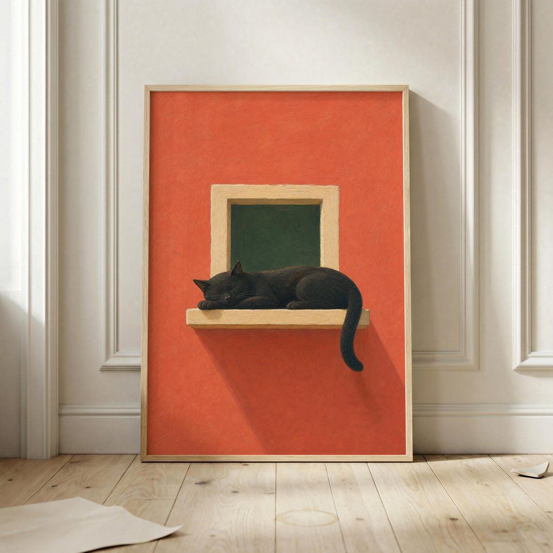 Sleeping Black Cat Poster Minimalist Wall Art Red Orange Mid Century Print Cozy Bedroom Decor Modern Home Lover Gift