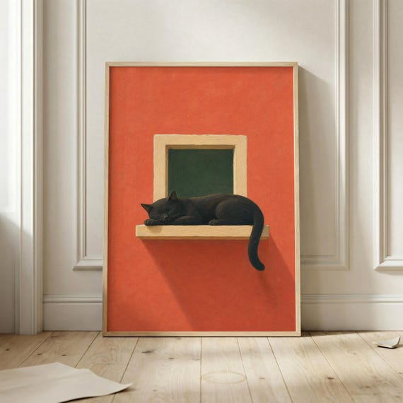 Sleeping Black Cat Poster Minimalist Wall Art Red Orange Mid Century Print Cozy Bedroom Decor Modern Home Lover Gift