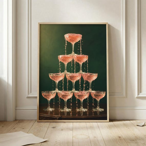 Champagne Tower Poster Vinyl Record Decor Retro Cocktail Wall Art Bold Red Print Music Lover Artwork Maximalist Bar Cart