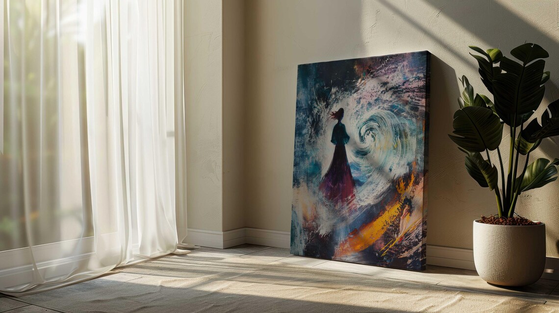 Woman Silhouette Before Swirling Storm Sea Wave Modern Art Print - Image 2