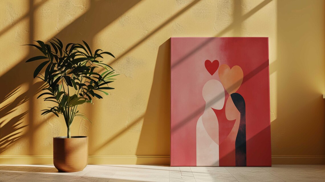 Minimalist Embracing Couple Hearts Red Background Romantic Love Poster - Image 3