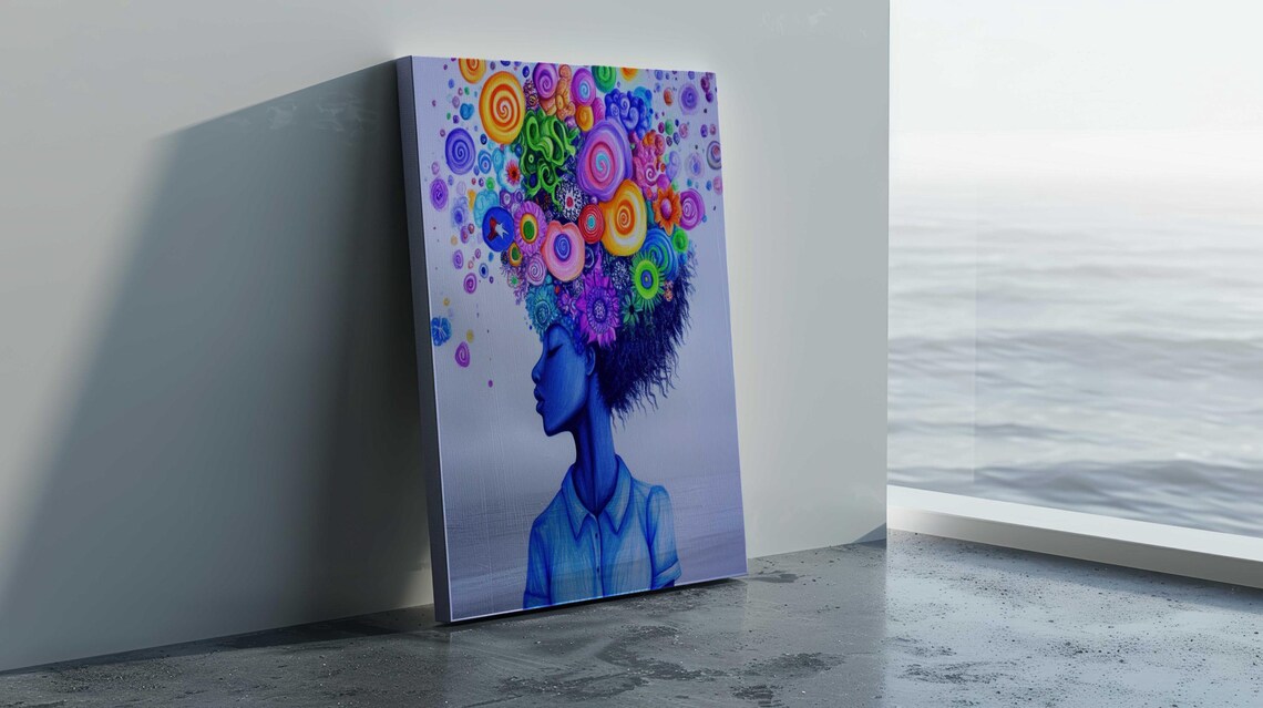 Blue Woman Profile Colorful Flower Spiral Hair Dreamy White Wall Art - Image 3