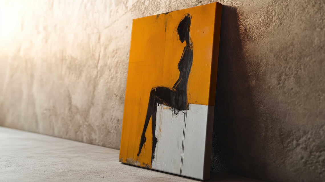 Seated Woman Black Silhouette Bold Yellow Modern Art Print Poster - Image 2