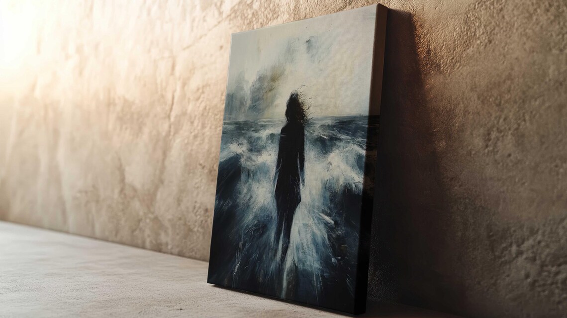 Woman Silhouette Stormy Ocean Waves Moody Gray Blue Seascape Poster - Image 3