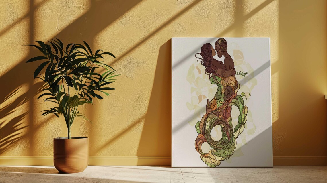 Romantic Couple Embrace Stained Glass Style Floral Gown Art Poster - Image 4