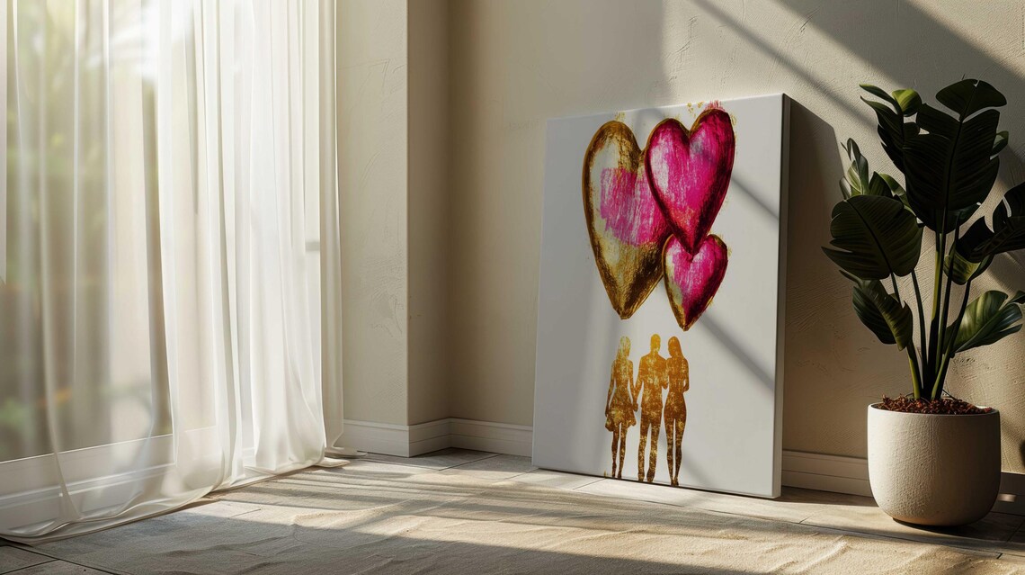 Golden Hearts and Couple Silhouettes Pink Minimalist Wall Poster