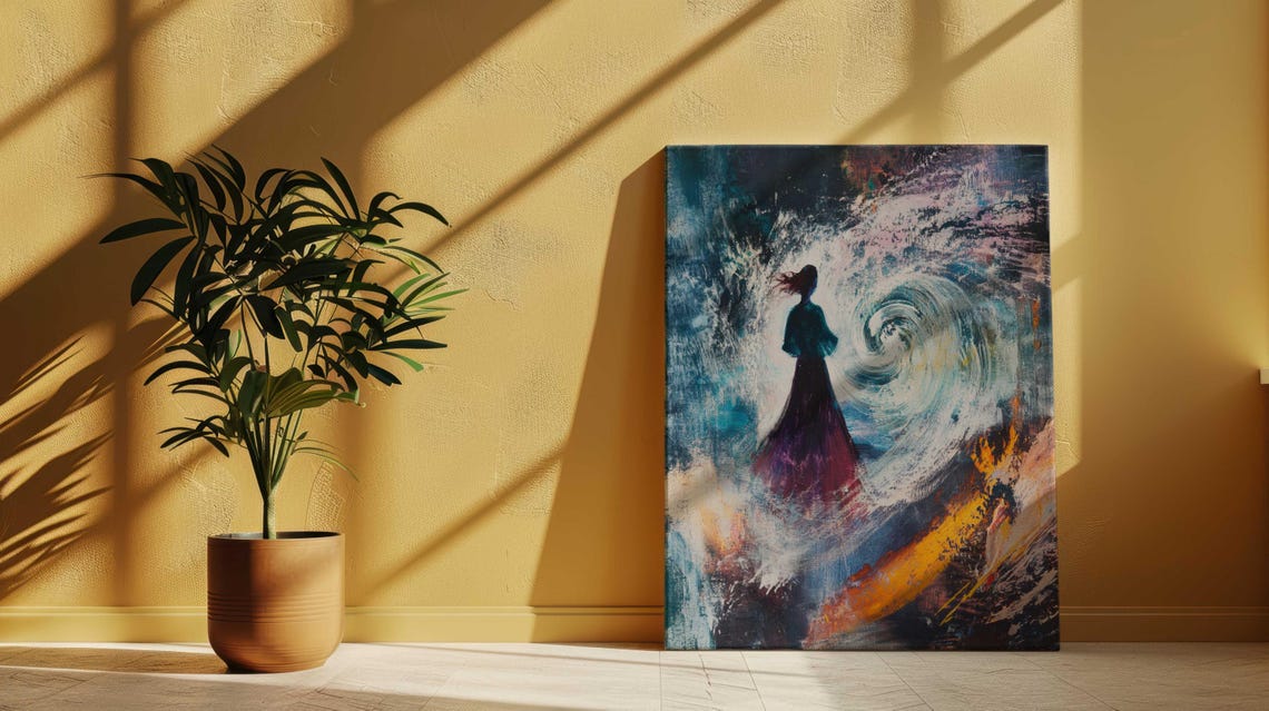 Woman Silhouette Before Swirling Storm Sea Wave Modern Art Print - Image 4