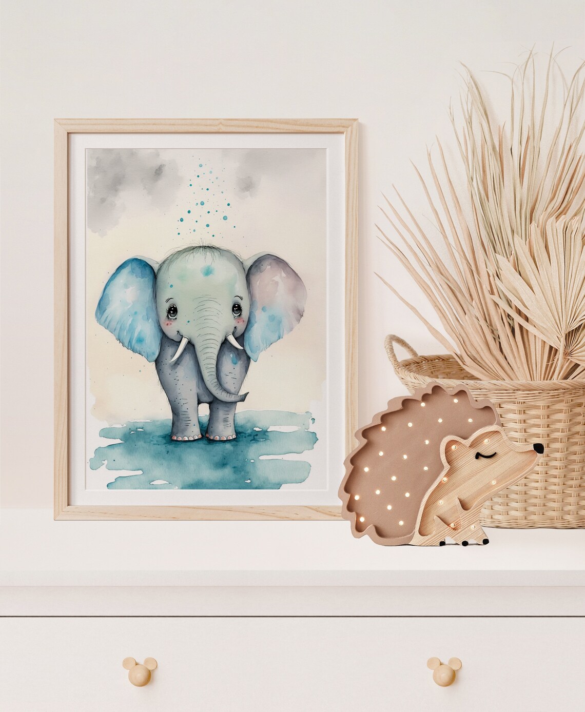 Cute Baby Elephant Blue Ears Watercolour Nursery Kids Room Poster - Image 4