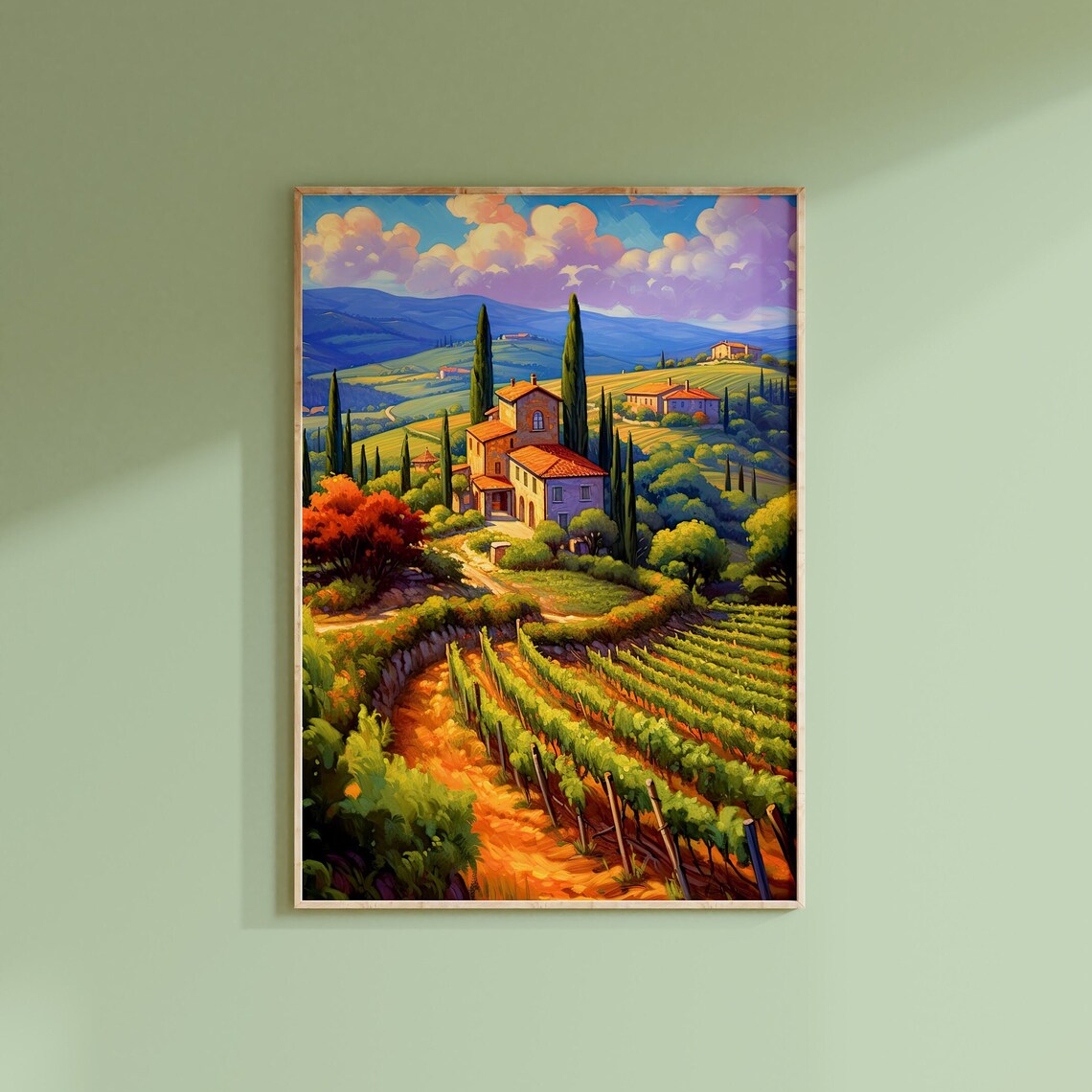 Tuscan Rolling Hills Vineyards Village Sunset Landscape Art Print - Image 3