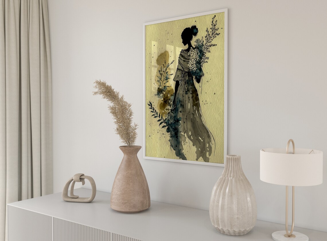 Silhouette Woman Flower Bouquet Elegant Black Gold Figure Art Print - Image 4