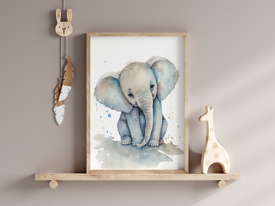 Baby Elephant Watercolor Nursery Cute Animal Kids Room Wall Art - Image 2