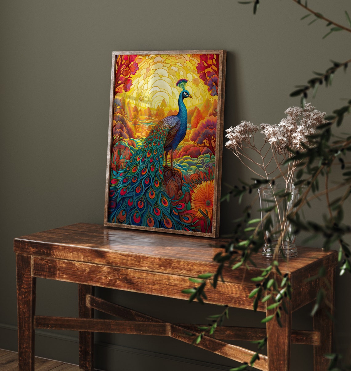 Peacock In Vibrant Sunset Mosaic Colorful Garden Scene Poster - Image 4