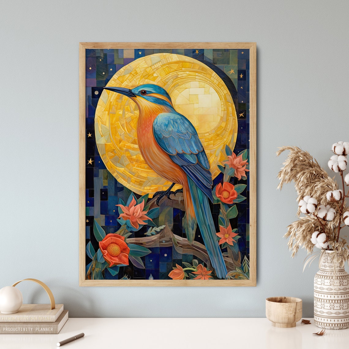Kingfisher Bird Mosaic Golden Sun Night Sky Flowers Art Poster - Image 5