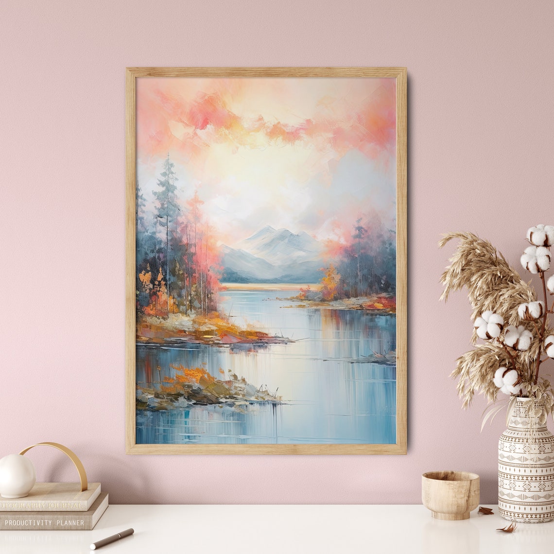 Pink Sunset Mountain Lake Pastel Watercolour Serene View Poster - Image 5