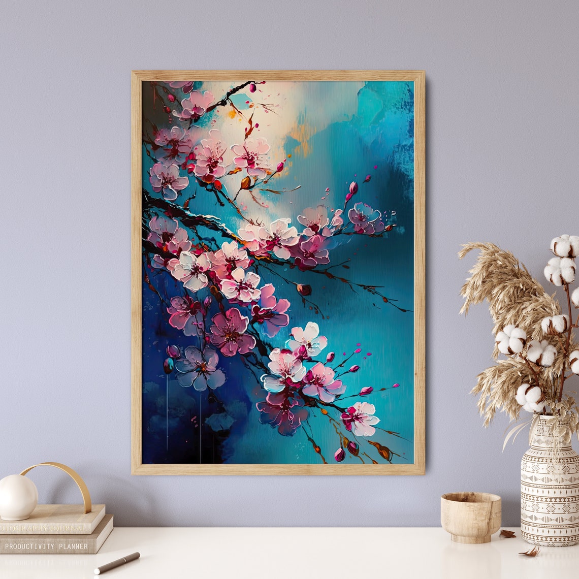 Cherry Blossom Branch Pink Sakura Blue Abstract Floral Art Print - Image 5