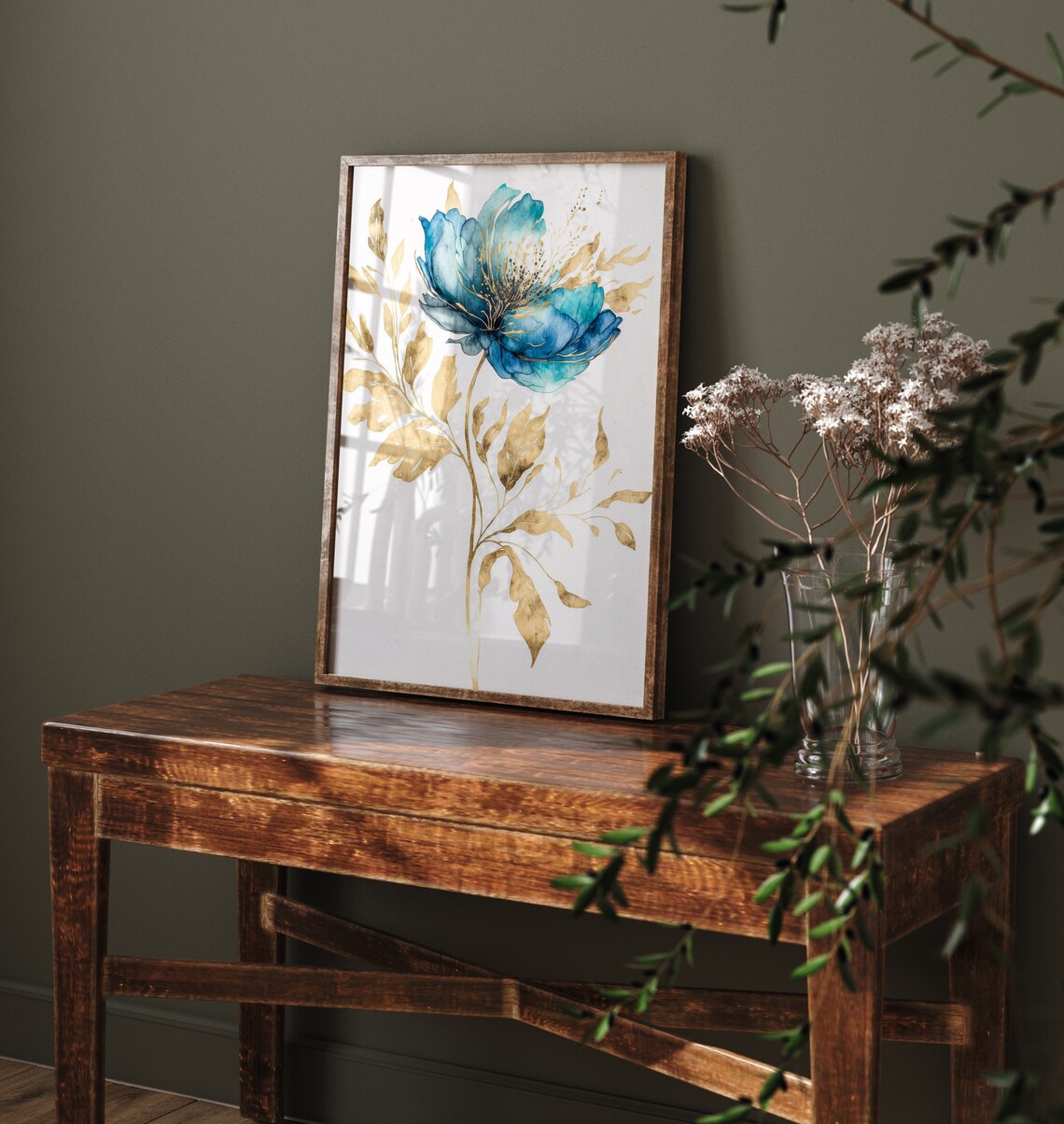 Teal Blue Flower Gold Leaves Elegant Watercolour Botanical Poster - Image 4