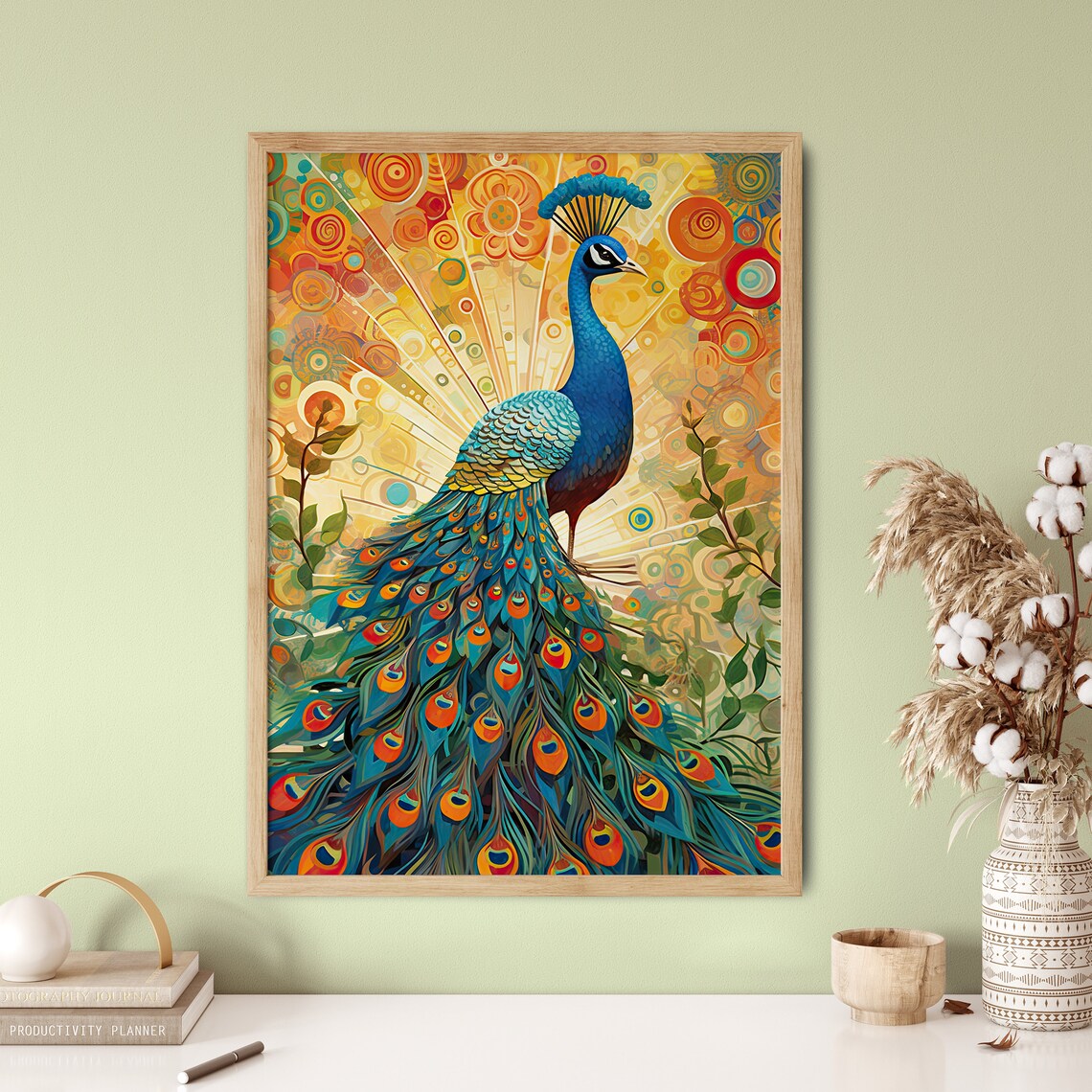 Peacock Golden Sunburst Feathers Vibrant Blue Bird Art Poster - Image 5