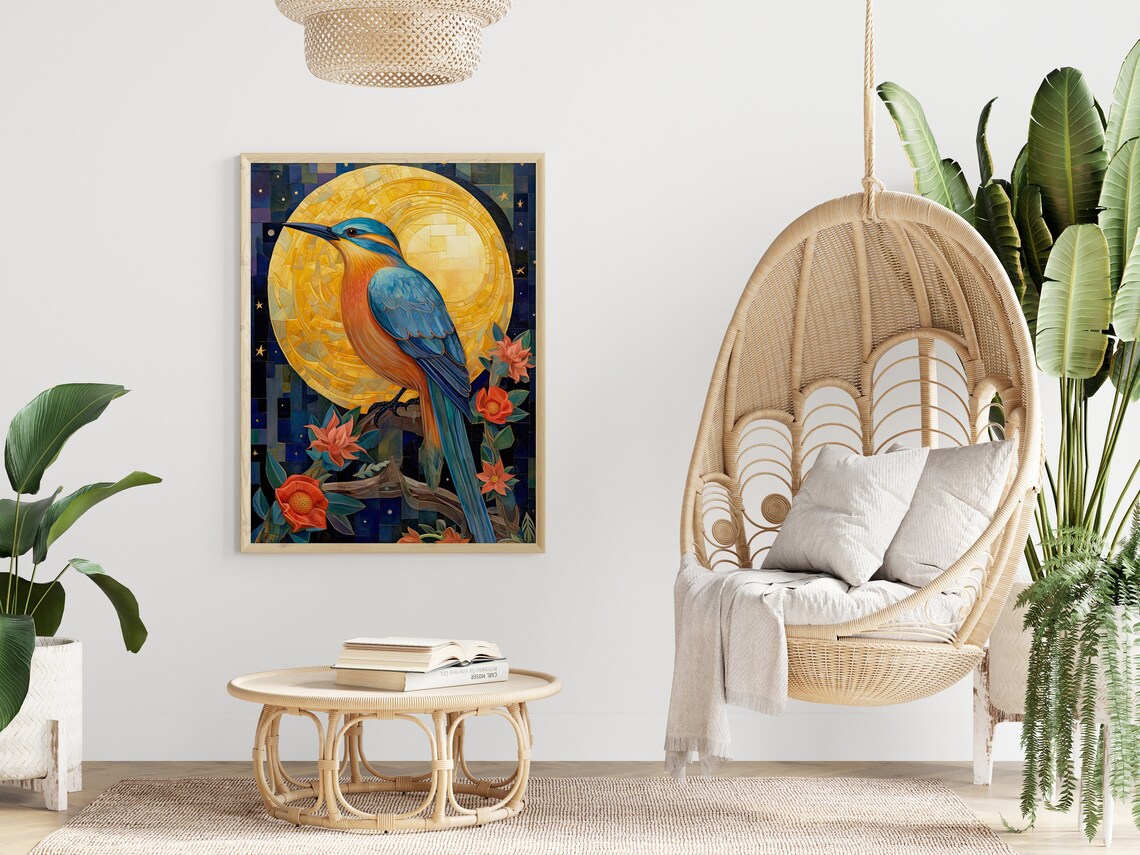 Kingfisher Bird Mosaic Golden Sun Night Sky Flowers Art Poster - Image 4
