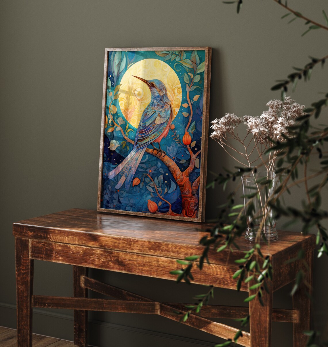 Blue Bird Full Moon Ornamental Teal Night Songbird Art Poster - Image 4