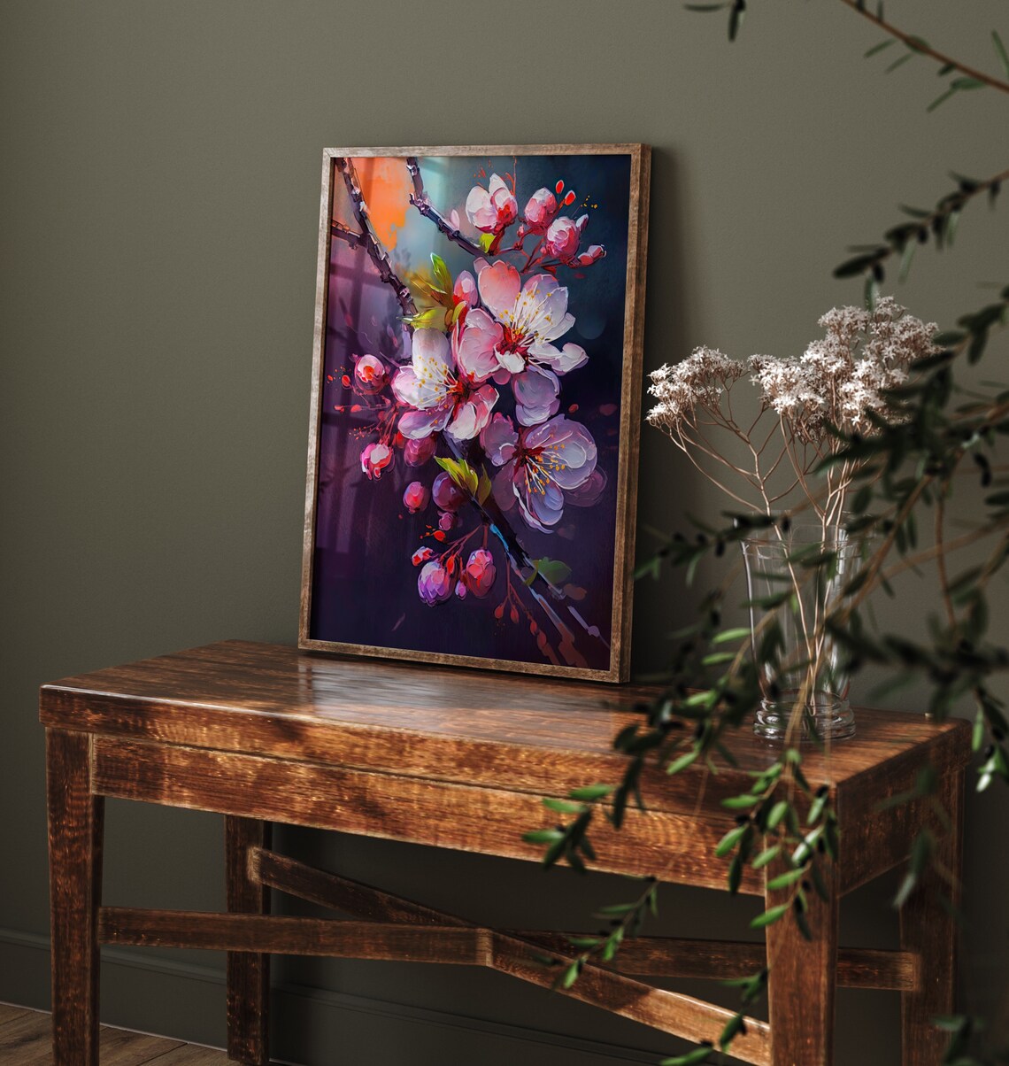 Cherry Blossom Close Up Dark Moody Background Oil Painting Poster - Image 4