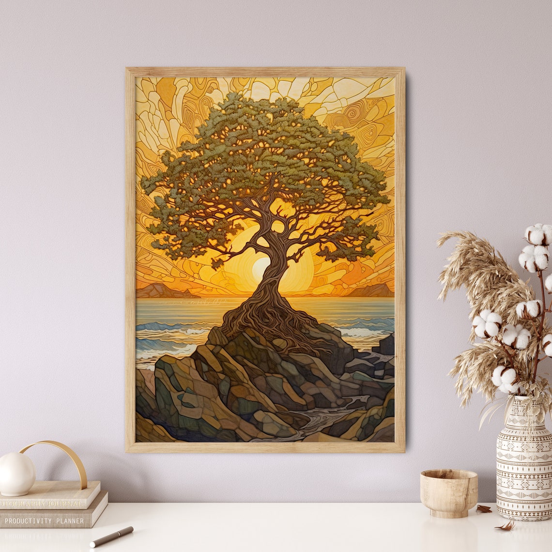 Art Nouveau Tree Golden Sunset Coastal Rocks Ocean View Poster - Image 5