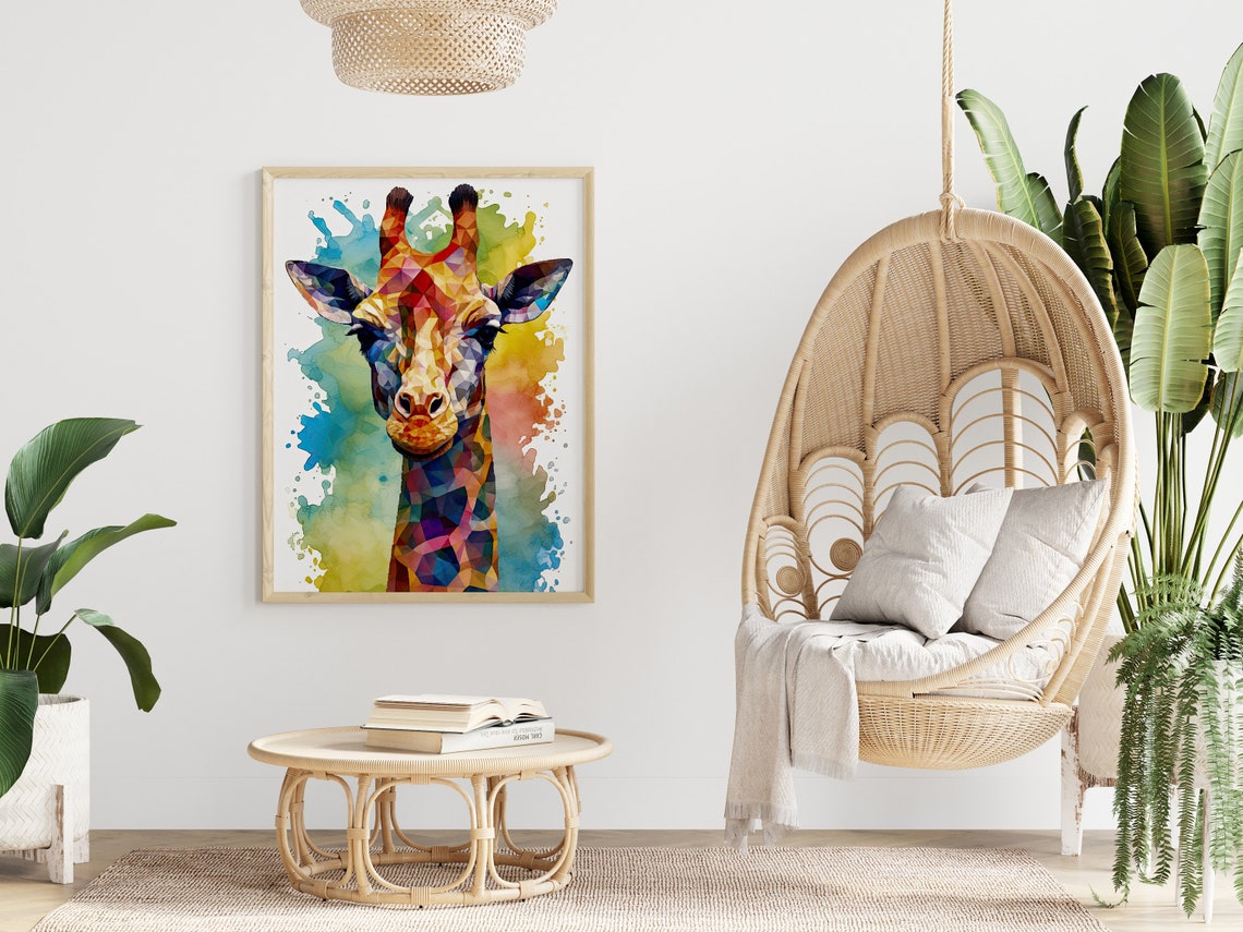 Geometric Rainbow Giraffe Watercolour Splash Kids Animal Poster - Image 2
