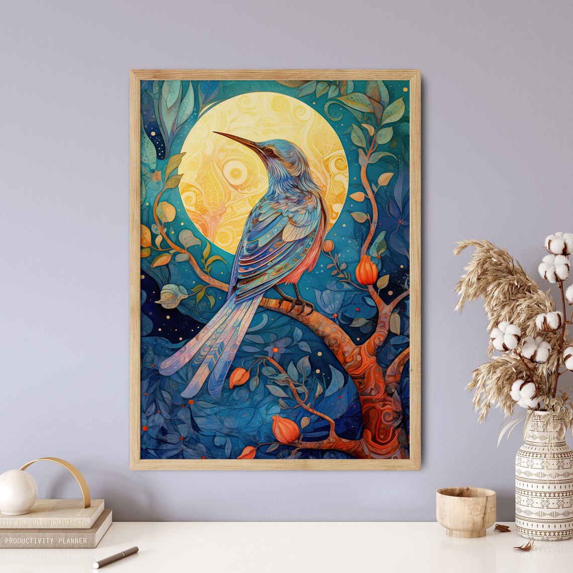 Blue Bird Full Moon Ornamental Teal Night Songbird Art Poster - Image 5