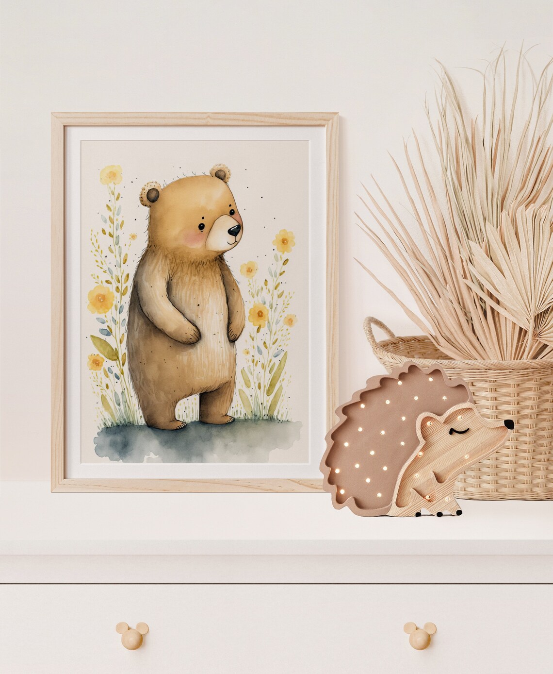 Watercolor Baby Bear Standing Yellow Flowers Nursery Art Poster - Image 4