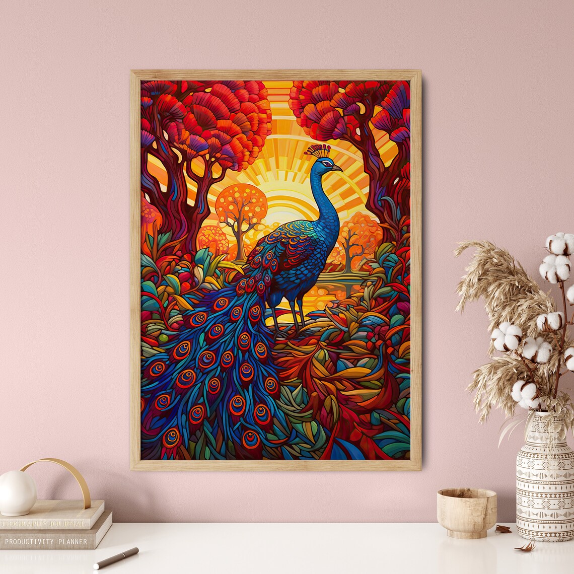 Peacock Autumn Trees Golden Sunset Stained Glass Bird Art Poster - Image 4