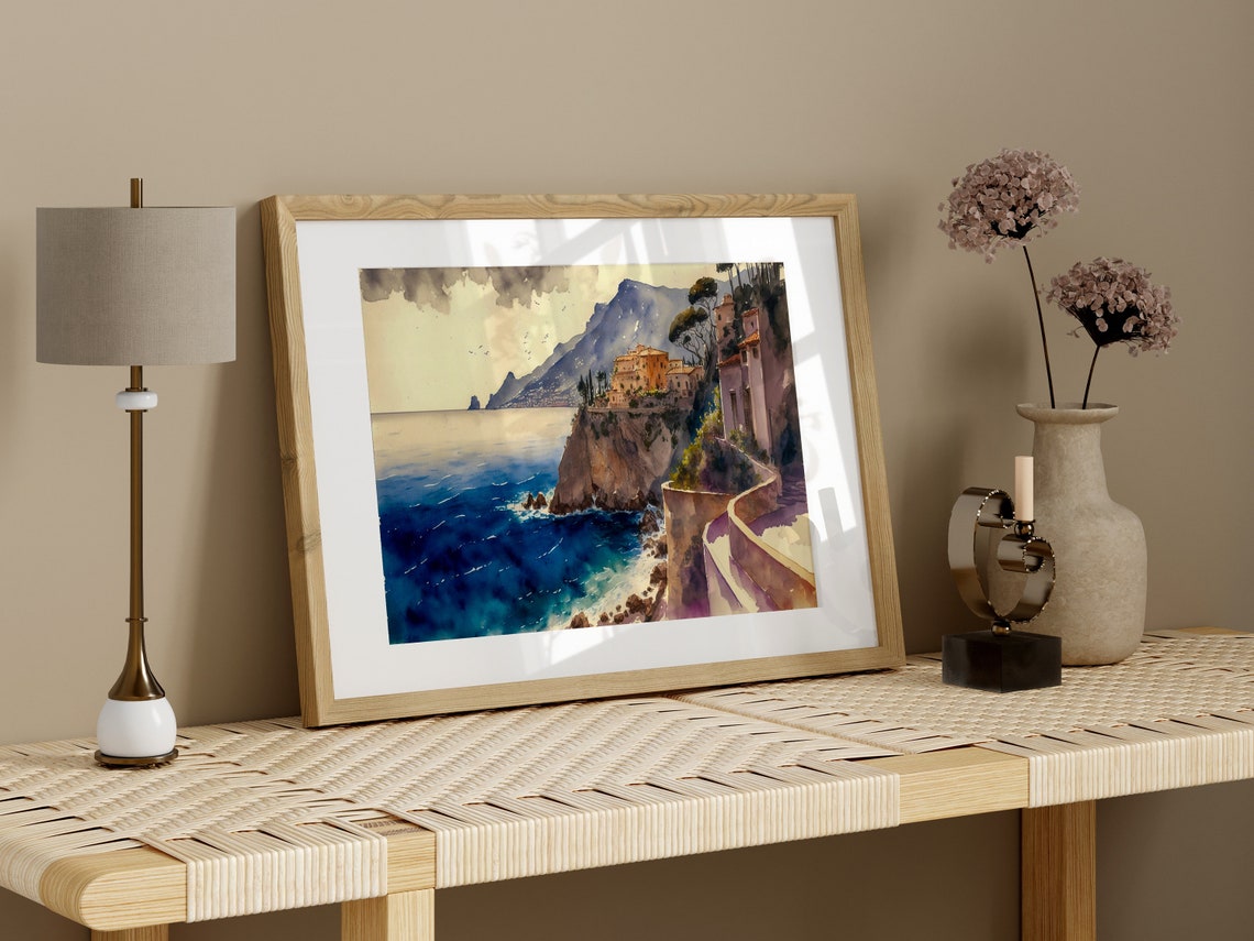Italian Coastal Villa on Rocky Cliff Watercolor Amalfi Art Print - Image 4
