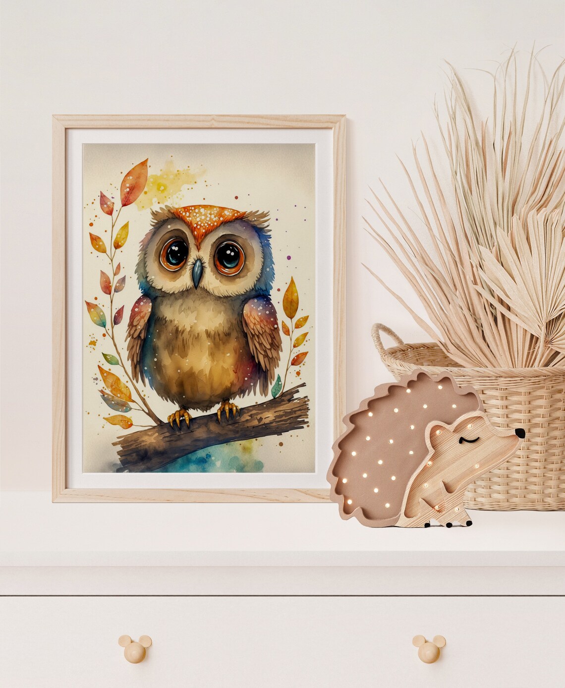 Watercolor Baby Owl Autumn Leaves Cute Nursery Bird Art Poster - Image 4