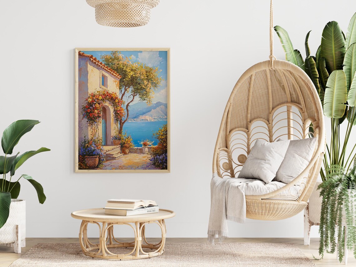 Mediterranean Coastal Cottage Flower Terrace Sea View Poster - Image 2